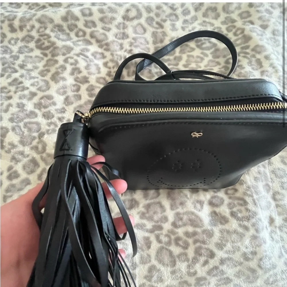 Anya Hindmarch Smiley Eyes Black Leather Crossbody Bag Tassel